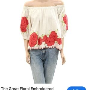 The Great Floral Embroidered Off-Shoulder Top - Red & White